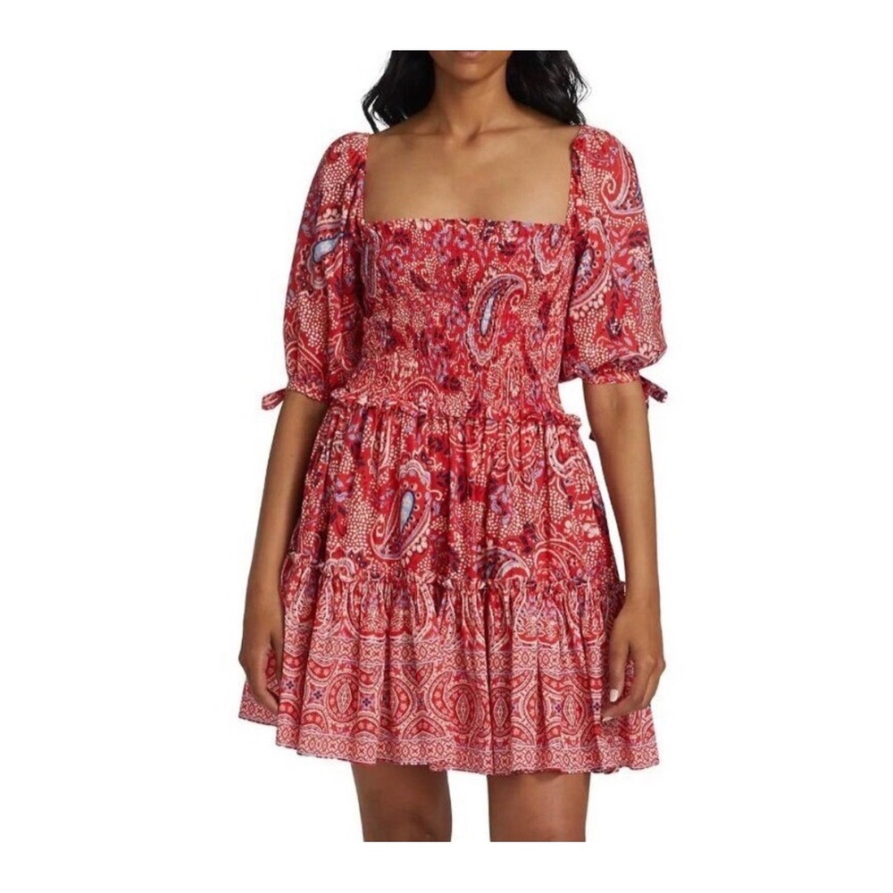 Cara Cara Lenny Red Paisley Border Spice Womens L Red Smocked Puff Sleeve Tiered
